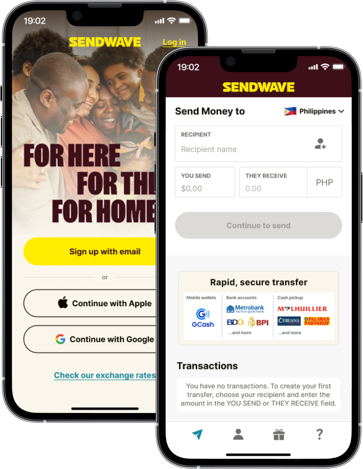 Example of the sendwave app in a phone placeholder